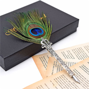Vintage Peacock Feather Quill Pen Set - Calligraphy Dip Pen With Ink, Holder & 5 Nibs, Gift Box