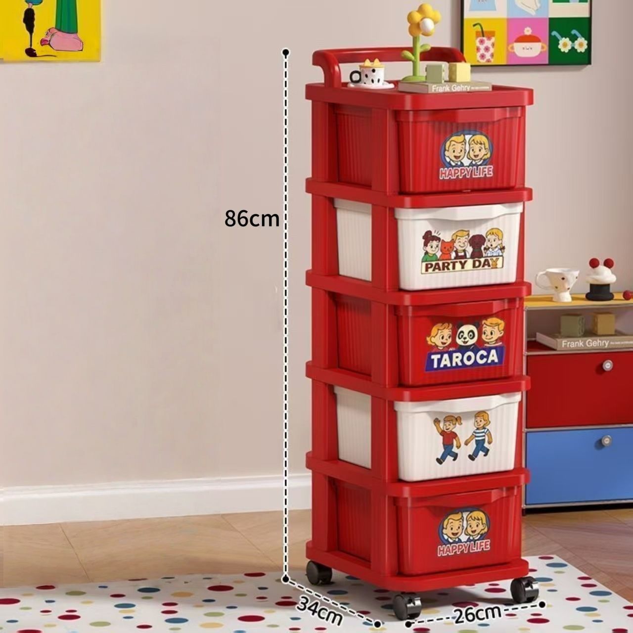 Chariot à main rouge et blanc à 5 couches avec autocollants