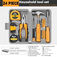 Kit d'outils manuels pour bricoleurs, 24 pièces, mini-ensemble d'outils combinés pour la maison, coffret de rangement rigide, joli marteau et pinces rose/jaune