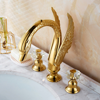 Robinet de lavabo en or poli, à Double boutons en cristal, cygne, widepdrop, ensemble de mélangeurs d'évier 3 trous