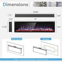 Kalsubo Cheminée électrique murale encastrée de 72 pouces avec cadre ultra-fin, lit de flamme en cristal effet bois, double puissance 750W 1500W