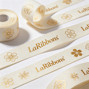 Cinta de poliéster grosgrain con estampado floral dorado y logotipo de marca personalizado OEM, múltiples colores base para decoración de regalos y prendas de vestir. - Product Image 5