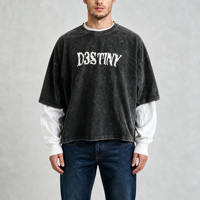 T-shirt noir délavé personnalisé avec impression sérigraphique, deux pièces, manches longues, col rond, streetwear, effet vieilli pour homme