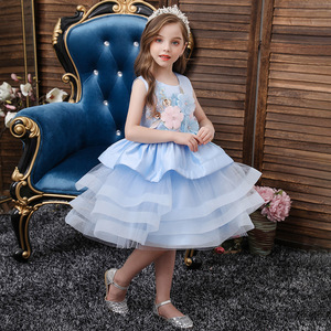 <b>Childrens</b> <b>Princess</b> <b>Dress</b> O Neck A Line Multi Layer Tulle Tutu Skirt Flower Girl <b>Dress</b> For Wedding Performance Costumes Blue - Product Image 1