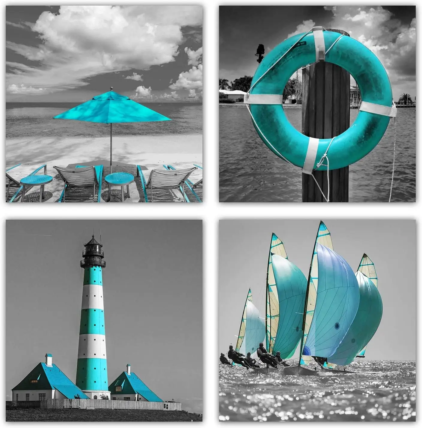 Teal Blue Nautical Canvas Prints Wall Art Turquoise Ocean Sailboat Painting Black White Seascape Pictures 4 Pieces Ready to hang