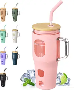 2023 tái chế hot item 1000ml Chai nước thủy tinh với tái sử dụng Silicone tay áo và nắp tre