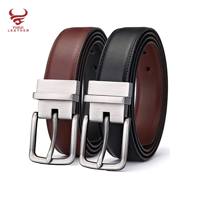 Custom Logo Alloy Pin Buckle Black Brown Leather Belts Double Sided Reversible Rotated Buckle Genuine Leather Belt for Men