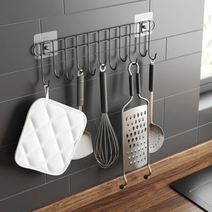 Étagère murale en métal pour cuisine avec 10 crochets, support de rangement auto-adhésif pour ustensiles, design minimaliste - Product Image 3