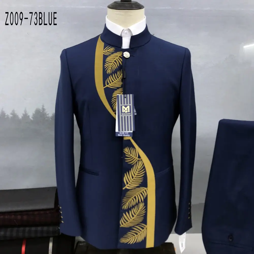 Luxury embroidery Men suits navy blue slim fitted blazer wedding banquet business jacket plus size S-5XL