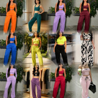 Ensemble de vêtements de sport pour femmes africaines grandes tailles, haut court sans manches uni, pantalon cargo ample à jambes larges