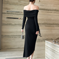 Robe de soirée formelle mi-longue noire à épaules dénudées, en tricot, cintrée, avec des plis et des perles, ZYHT 75003 pour femmes