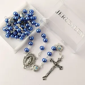 深蓝色珠子与心金属荣耀珠子圣地念珠与塑料矩形盒与耶路撒冷打印
