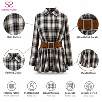 Robe chemise mini à carreaux pour femme, sur mesure, à manches longues, col cranté, taille ceinturée, ourlet à volants, style automne urbain