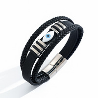 Nouveau bracelet en cuir véritable tressé à double brin avec fermoir magnétique en acier inoxydable de style vintage et breloque œil bleu pour homme