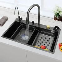 Robinet en acier inoxydable noir moderne fait à la main avec ensemble d'évier de cuisine multifonction à cascade et à une cuvette