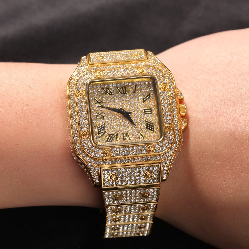 Relojes de pulsera de cuarzo con diamantes para mujer, pulsera de lujo con diamantes de imitación, estilo Hip hop romano, venta al por mayor, 2021
