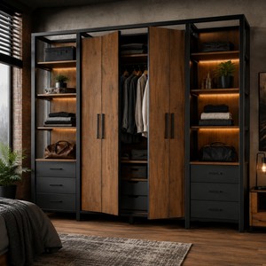 Hot Sale Modern Wooden Wardrobe Closet with LED Light Open Shelves Drawers <strong>Black</strong> Frame <strong>Bedroom</strong> <strong>Furniture</strong> for Apartment Hotel - Product Image 2