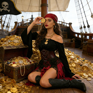 Costume de pirate pour femme, veste à épaules dénudées avec corset et bottes, polyester, printemps 2026, jeu de rôle d'Halloween pour performance scénique - Product Image 3