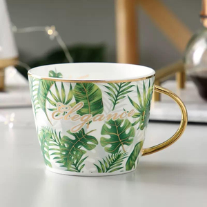 Nordic Style Green Leaf Pattern Bone China <b>Coffee</b> Tea Mug Gold Rim Handle Gold Leaf <b>Filter</b> 450-500ml Capacity Business Gift Gift - Product Image 2