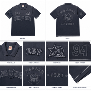 T-shirt personnalisé OEM avec broderie, délavé à l'acide, col montant, en coton uni, avec patchs, noir, pour hommes, style néerlandais - Product Image 3