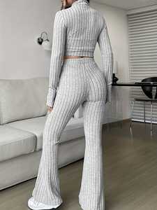 Ensemble décontracté pour femme Maxfree Fashion, couleur unie, côtelé, deux pièces, fermeture éclair, haut à manches longues, pantalon évasé taille haute - Product Image 6
