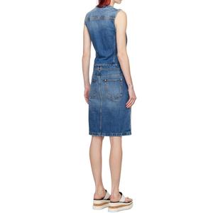 Robe midi en jean pour femme, sans manches, bleu, à empiècements, col en V, fente centrale, fermeture boutonnée, en coton, style mode estivale - Product Image 4