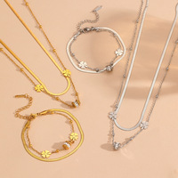 Ensemble de perles à double couche avec transfert de fleur à quatre feuilles, collier et bracelet, lame en acier inoxydable plaqué or, islamique, non décolorant, tendance