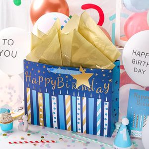 Birthday Gift <b>Bag</b> With Card And Tissue Paper Blue Gold Foil Candle Design 16 Inch Large Size For Birthday Celebration - Product Image 5
