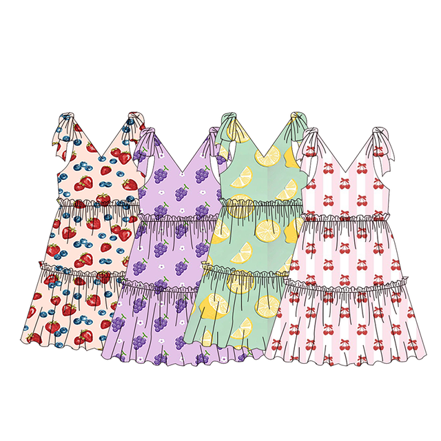 Fashionable Summer Girl Kid Clothing Fruit Strawberry Pattern Sleeveless Tie Shoulder Tiered Ruffle Dress Kids Girls Dress
