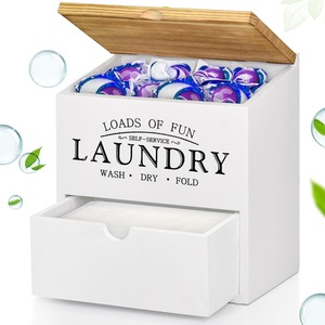 Laundry Detergent Pod <b>Storage</b> <b>Box</b> With Drawer Wooden Flip Top Cover Rectangle Shape Household Organizer For Wash Dry <b>Fold</b> - Product Image 1
