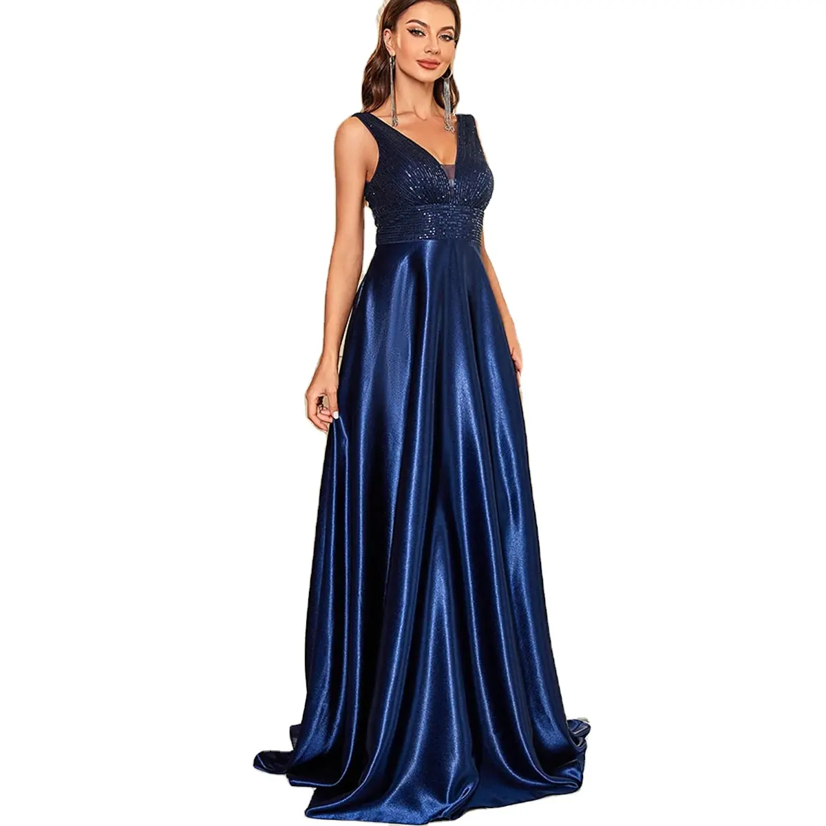 Elegante vestido de noite lantejoulas para as mulheres 2023 V profundo Neck Satin Prom Partido Vestido Verde Pavimento Comprimento Azul vestido de baile formal