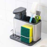 Distributeur de savon double multifonctionnel pour cuisine, support éponge 3-en-1, en acier inoxydable, antirouille, sur pied, pour évier - Stock disponible pour dropshipping