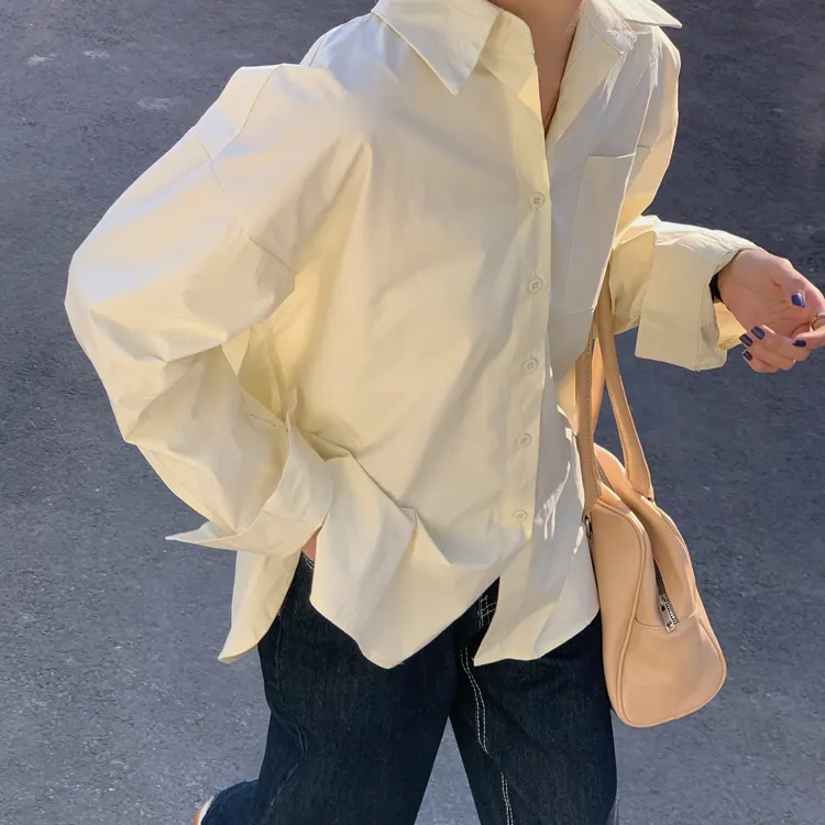 Fashion Tops Damen Blusen & Shirt Chic Turn-Down Kragen Shirt Langarm Gelb Weiß Rosa Blau Bluse Hipster Korean Spring