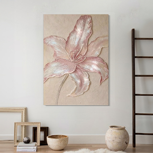 Peinture à l'huile 3D texturée épaisse, Lys rose peint à la main, Effet nacré scintillant, Art floral sur toile, <span class=keywords><strong>D</strong></span>écoration murale crème Wabi Sabi pour chambre à coucher - Product Image 5