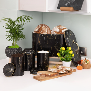 4 Pcs Round Tin <b>Box</b> Kitchen <b>Set</b> Dome Lid Marble Black Marble Black Design - Product Image 3