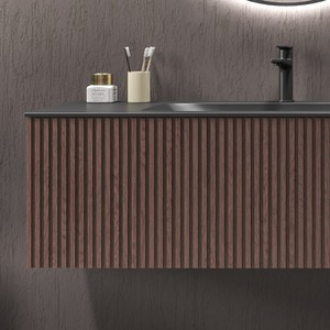 Kamalu KDS-120L 120cm mobile bagno da parete lavabo in ceramica nera Design europeo moderno in rovere a coste include armadietto a specchio - Product Image 2