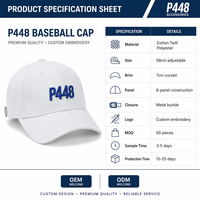 Casquette de baseball unisexe de luxe en sergé blanc avec lettres brodées en relief 3D personnalisées, logo P448, 6 panneaux structurés, style Dad Hat, ajustable