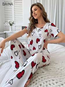Nuevo Conjunto de Pijama para Mujer, Estampado de Corazones, Manga Corta y Pantalones Largos, Ropa de Dormir - Product Image 6