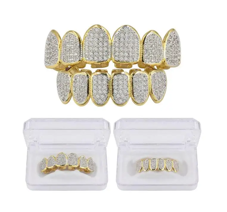Wholesale Hip Hop Gold Plated Top   Bottom Teeth Grillz Iced Out Mens Grills Dental Cubic Zirconia Halloween Hiphop Grillz Teeth