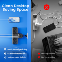 Multiprise européenne 5 prises Schuko 3 USB-A 2 Type C 15W avec affichage de l'heure et interrupteurs individuels, rallonge pour la maison