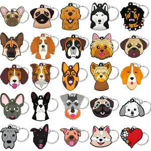 Usine directe personnalisé prêt à expédier gros mignon dessin animé chiens porte-clés 2D caoutchouc porte-clés chiens tête souple PVC porte-clés