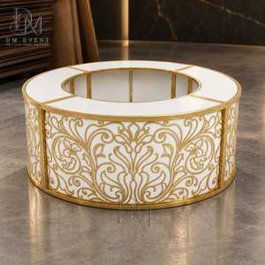 Comptoir de bar rond pliable sur mesure en acier inoxydable doré et blanc, avec plateau en verre trempé amovible, motif chevron montagne - Product Image 2
