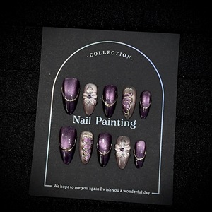 Faux ongles de luxe faits à la main, motif œil de chat violet, forme amande, sculptés en 3D, réutilisables pour mariage, fête, salon de manucure - Product Image 3