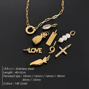 Collana eManco in acciaio inossidabile color oro stile Y2K con ciondoli a forma di ananas, LOVE, perle e cristalli, gioielli alla moda all'ingrosso. - Product Image 2