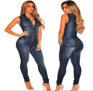 Vente chaude bleu foncé sans manches revers bouton fermeture Sexy mince pleine longueur <span class=keywords><strong>Jean</strong></span> combinaisons pour femmes 2022 Plus Denim body - Product Image 5