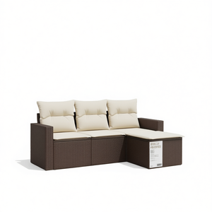 Cream White And Brown <b>Rattan</b> Garden <b>Sofa</b> Set With Cushions 3 Seater Outdoor Furniture Contemporary Design - Product Image 1