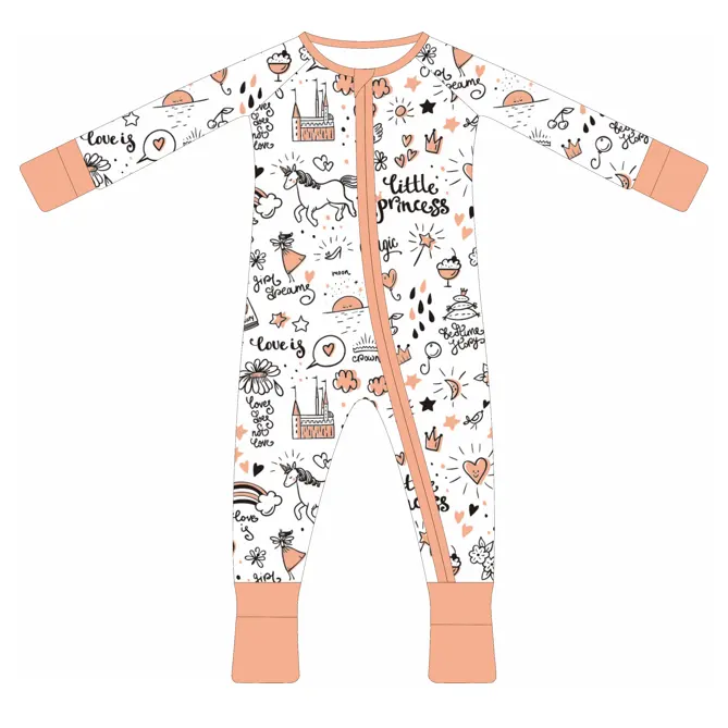 Großhandel Custom Graphic Print Bambus Spandex Neugeborene Baby Kid Boy Girl Reiß verschluss Fold Cover Pyjamas Sleeper Kleidung