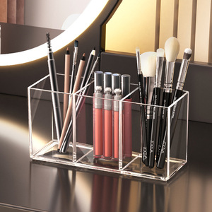 Organizador de maquillaje de acrílico transparente, soporte de almacenamiento de cosméticos con 3 compartimentos para lápiz labial, lápiz de cejas, cepillo, mesa de tocador - Product Image 1