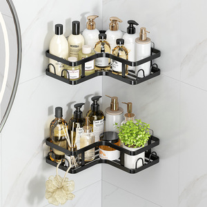 Étagère d'angle triangulaire pour salle de bain, 2 niveaux, revêtement poudré, pour articles de toilette, en fer forgé, sans perçage, pour l'exportation - Product Image 4