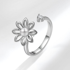 Vintage Rotating Floral <b>Adjustable</b> <b>Ring</b> Shell Pearl Zircon Copper Rhodium Plated Anxiety <b>Ring</b> Fidget Jewelry For Women - Product Image 6
